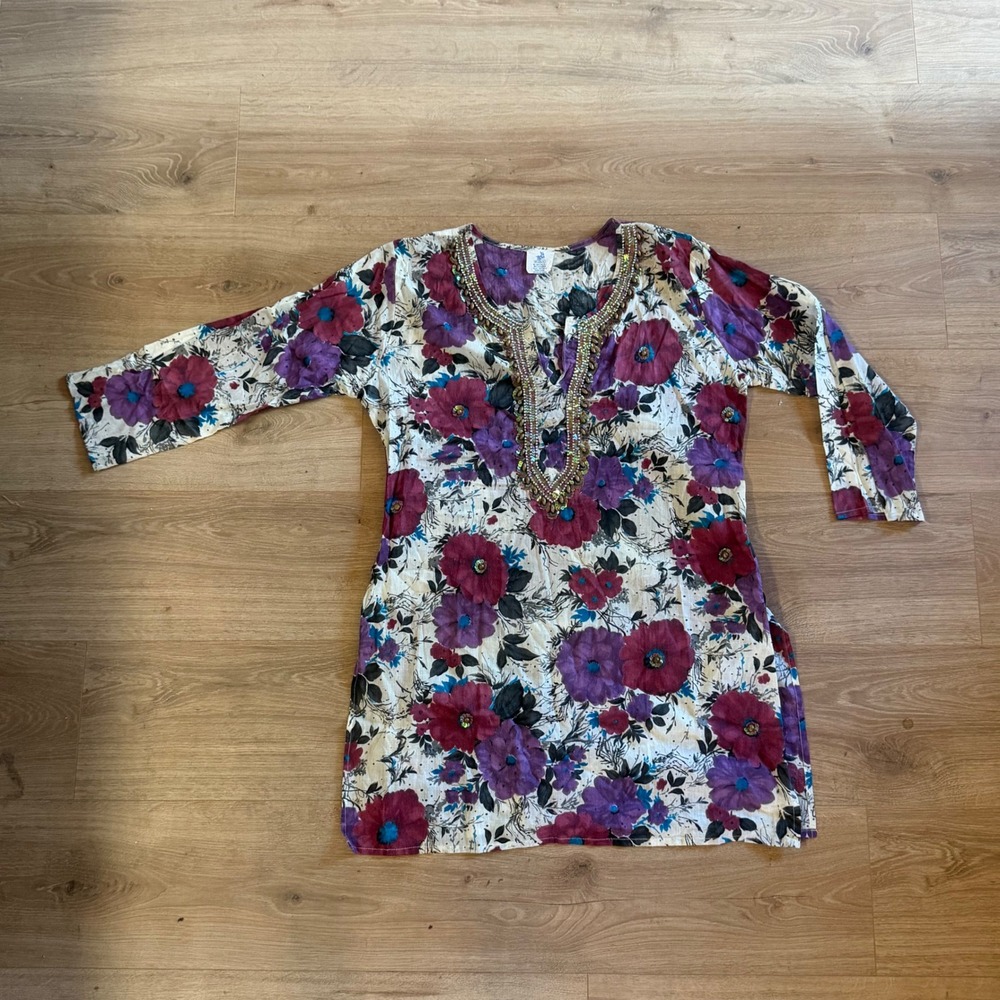 Radhe Floral Cotton Tunic Top Beaded V-Neck Boho Blouse Purple One Size India